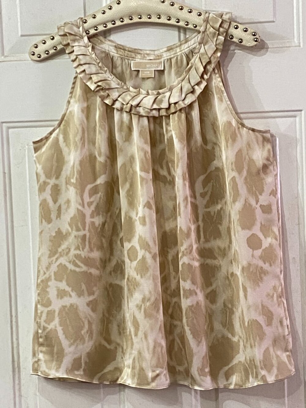Michael Kors Sz 14W 100% Silk Blouse Sleeveless Tank Ruffle Neck Beige Abstract